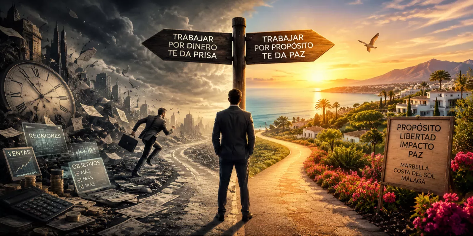 Trabajar por dinero te da prisa. Trabajar por propósito te da paz – Marbella, Costa del Sol, Málaga